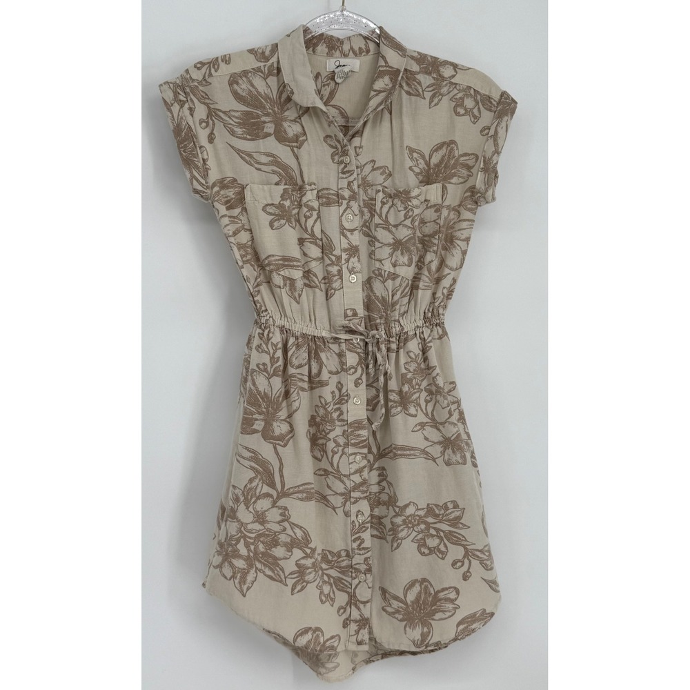 Jayne Womens Sz XS Floral Linen Blend Shirt Dress Tan Cream Short Sleeve Mini